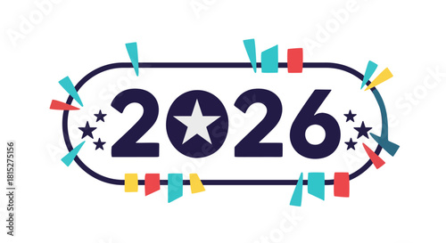 Festive Year 2026 logo design with patriotic star and confetti.