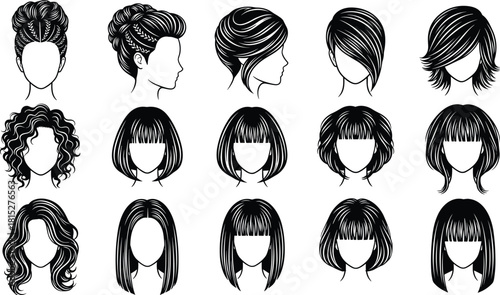 Women’s hairstyle illustration set, various hair designs vector, female hair silhouettes, fashion haircut collection, stylish hairstyle icons for beauty design