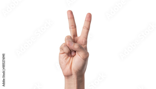 Hand making the peace sign or victory gesture with two fingers up, isolated on a white background for a transparent png download