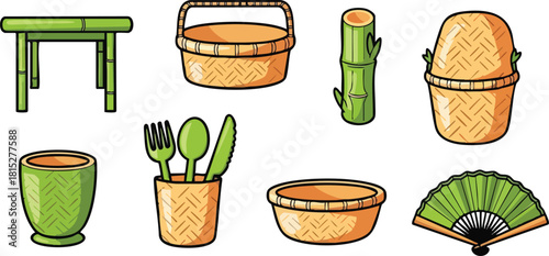 Pixel Art Collection of Bamboo Woven Kitchenware and Utensils