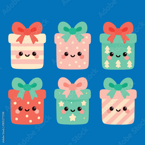 Bright, cute gift boxes with bows and smiling faces, set against a blue background. Playful, colorful illustrations are ideal for festive scenes, birthdays, or holiday gifting for family and friends.
