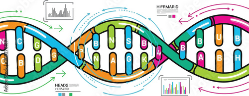 Abstract DNA double helix illustration with genetic code and scientific diagrams in teal green and orange