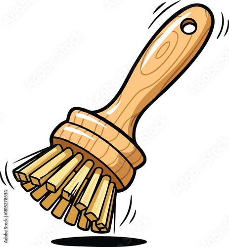 Wooden Handle Scrub Brush With Stiff Bristles And Vibrating Effect On White Background
