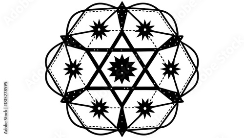 Vector Intricate monoline design featuring star pattern woven into geometric shape, evoking harmony