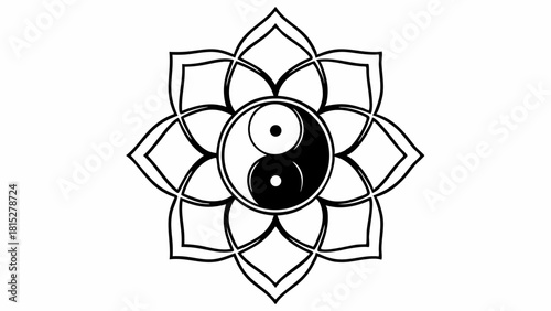 Vector Yin yang symbol surrounded by floral design, representing balance and harmony