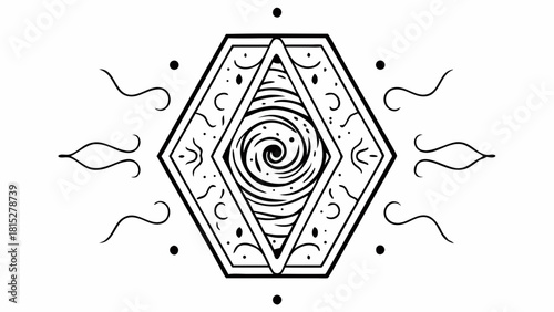 Vector Intricate hexagonal design featuring swirling vortex center, surrounded by flowing lines