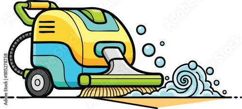 Yellow And Blue Cleaning Machine With Green Handle Sprays Water And Bubbles