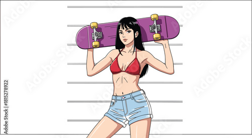 Vibrant anime style female skateboarder posing confidently with purple skateboard against lineup background, stylish summer outfit, energetic modern youth illustration