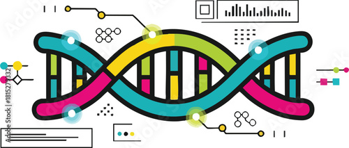 Colorful Double Helix DNA Strand with Scientific Data Visualizations and Abstract Elements