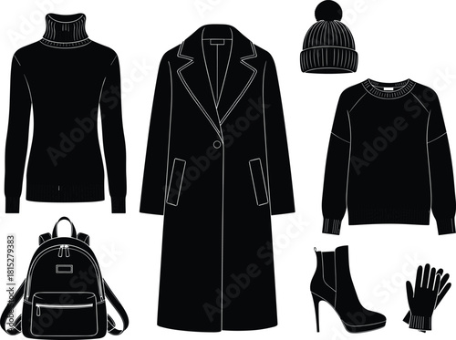 Winter clothing essentials, stylish coat, turtleneck sweater, beanie hat, backpack, ankle boots, gloves, fashion outfit set, cold weather apparel