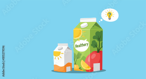 Two Cardboard Juice Cartons One Large Green with Fruit Image and One Small White with Orange Juice Image Against a Blue Background with a Lightbulb Icon