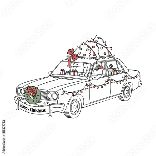 happy Christmas Day car line art icon 