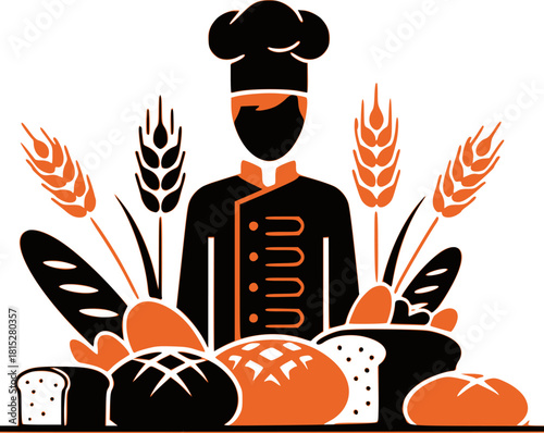 Baker, wheat ears, and an assortment of baked goods.Stylized portrait of a baker with a pile of fresh bread