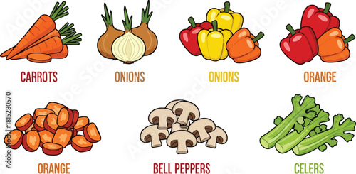 Pixel Art Collection of Fresh Vegetables Carrots Onions Bell Peppers Mushrooms Celery