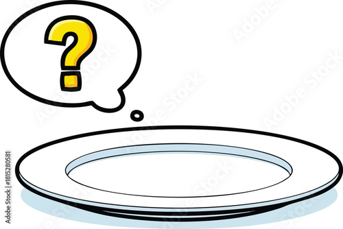 Empty Plate With Question Mark Thought Bubble White Background Simple Icon Representing Hunger Or Unknown Food