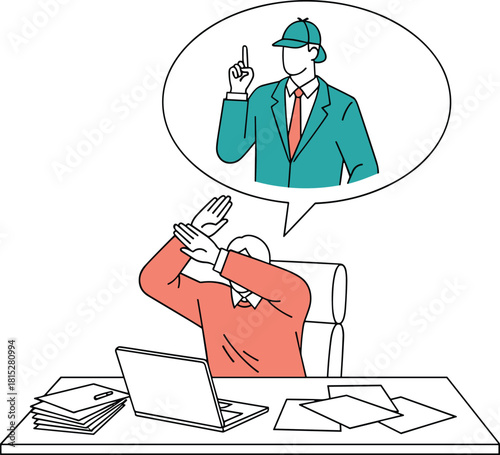 Stressed office worker rejecting advice from boss concept, overwhelmed employee avoiding instructions at desk with laptop, workplace pressure illustration