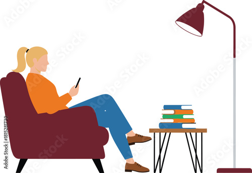 Woman Relaxing Cozy Armchair Reading Ebook Smartphone Indoor Comfort Leisure Digital Device Home Lifestyle Self-Care Modern Flat Vector Illustration Design.