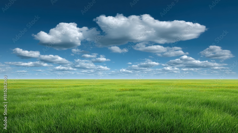 Obraz premium Lush Green Grass Stretching Under a Bright Blue Sky with Fluffy Clouds Perfect for Nature and Landscape Photography