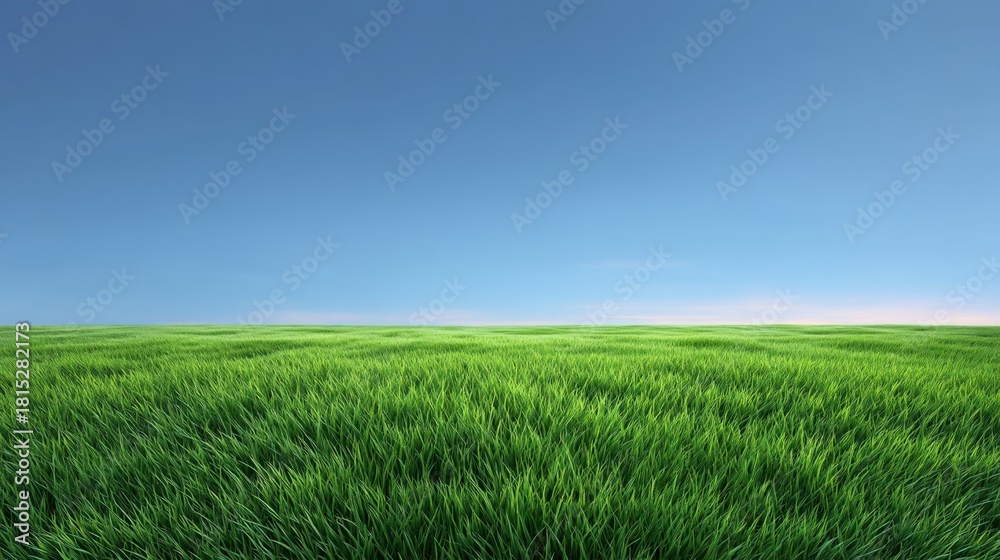 Fototapeta premium Vibrant Green Grass Landscape Under Clear Blue Sky Capturing the Essence of Nature in a Serene and Peaceful Outdoor Environment