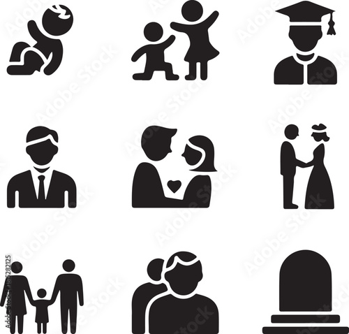 Life stages and relationships icon set