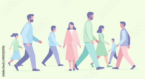 Diverse group of people walking in a stylized manner.