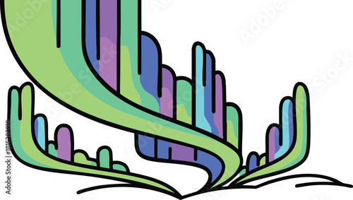 Stylized Aurora Borealis With Green Blue And Purple Colors Flowing Upwards Against White Background With Black Outline