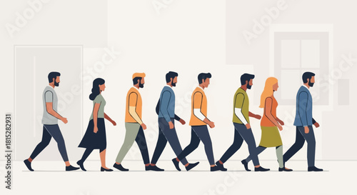 Diverse Group of People Walking in a Line.