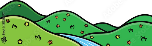 Rolling Green Hills With A Winding Blue Stream And Scattered Autumn Leaves