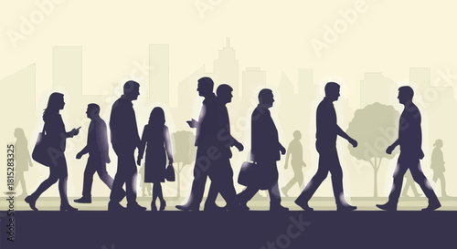 Silhouetted figures of diverse people walking in urban environment.