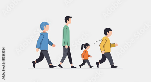 Father and three children walking together in a single file line.