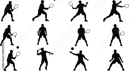 Silhouette tennis players performing various dynamic actions, holding rackets, practicing forehand, backhand, serve, volley, isolated athletes training, competitive sports poses