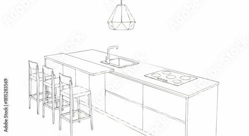Sketch of a Modern Kitchen Island with Bar Stools.