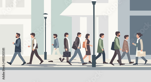Diverse group of illustrated people walking on a city crosswalk.