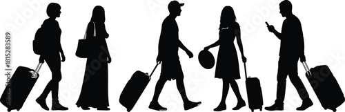 Silhouette travelers walking with luggage, diverse men and women carrying suitcases, airport tourism concept, travel journey people illustration design
