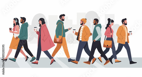 Diverse group of people walking together in urban setting.