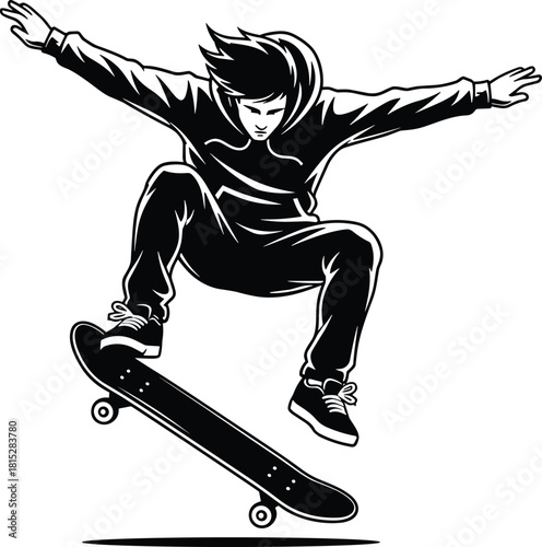 Skateboarder performing jump trick, action sports illustration, dynamic skater artwork, urban street style vector, extreme sport character design