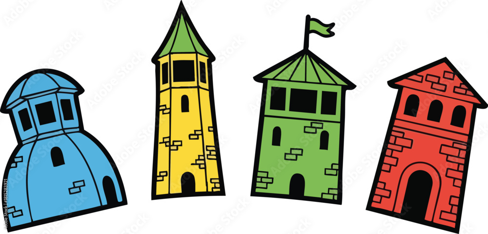 Naklejka premium Collection Of Four Cartoon Style Towers In Blue Yellow Green And Red Colors On White Background