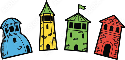Collection Of Four Cartoon Style Towers In Blue Yellow Green And Red Colors On White Background