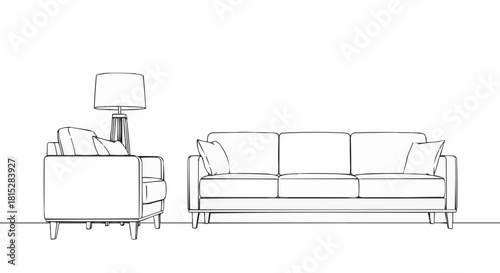 Minimalist Living Room Furniture Sketch with Sofa and Armchair.