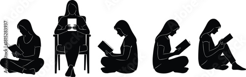 Silhouette women reading books in various sitting positions, relaxing with literature, education concept illustration for study, learning and peaceful moments