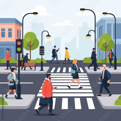 People crossing the street at a crosswalk during daytime.