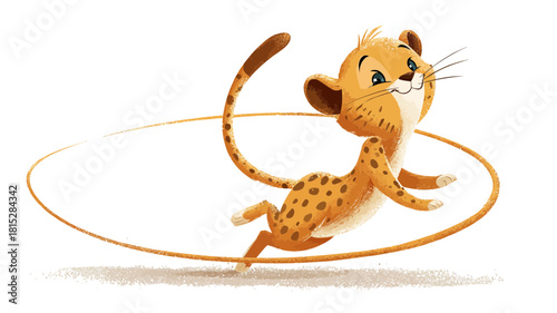 A cartoon cheetah cub chasing its own tail in a playful, looped animation-style pose.
