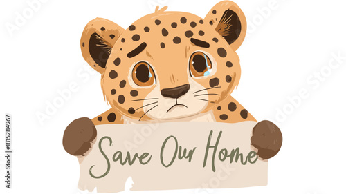 A friendly, cartoon cheetah cub holding a "Save Our Home" sign, aimed at education and kids.