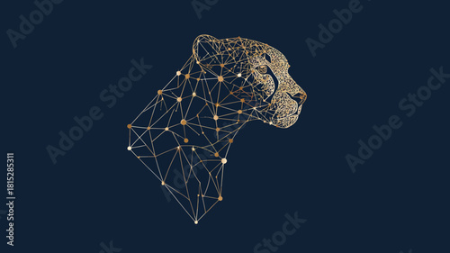 A stylized cheetah head formed by interconnected golden lines and nodes, representing network and strategy.