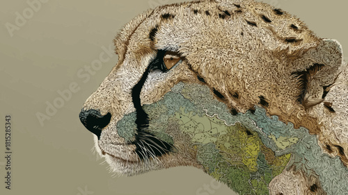 A powerful cheetah portrait merged with a map of Africa, symbolizing protection of its habitat.