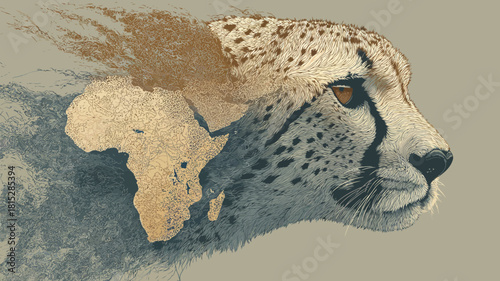 A powerful cheetah portrait merged with a map of Africa, symbolizing protection of its habitat.