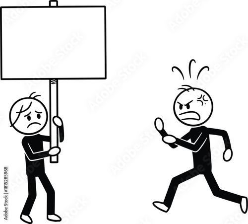 Stick figure conflict illustration with angry character chasing sad protester holding blank sign, concept of disagreement, protest, intimidation, communication issues