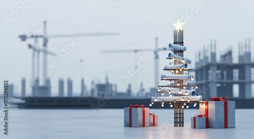 Creative Christmas tree crafted from construction rebar and blueprints, adorned with lights and gifts, set against a blurred urban building site with cranes.