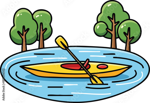 Pixel Art Kayak Scene With Trees And Water Vector Illustration