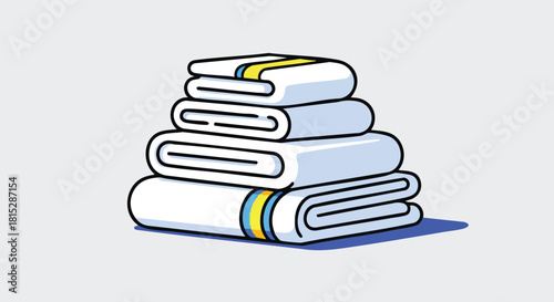 Stack Of Clean White Folded Towels With Blue And Yellow Stripes On Light Gray Background With Subtle Shadowing